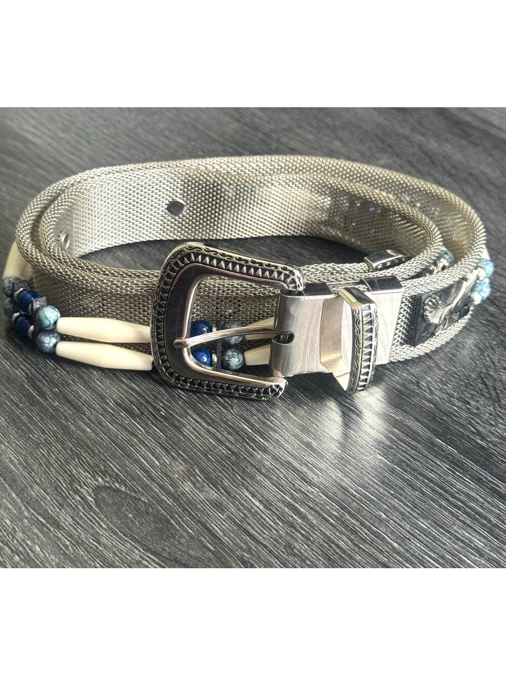 Silver Tone Mesh Beaded Belt With Eagles Size Small Blues And Cream Tones